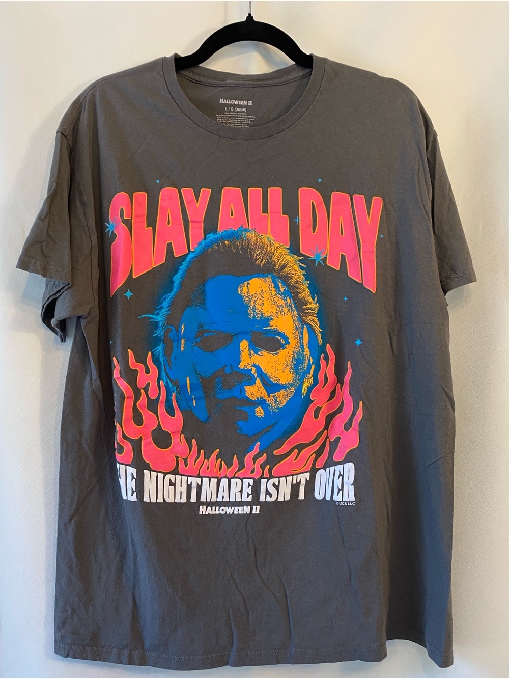 Halloween II Men's Graphic Tee LG Grey Slay All Day The Nightmare Isn't Over